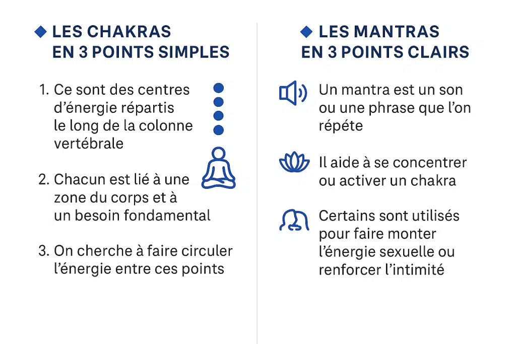 Tableau résumant les chakras, les mantras. Sexe tantrique, tantra.